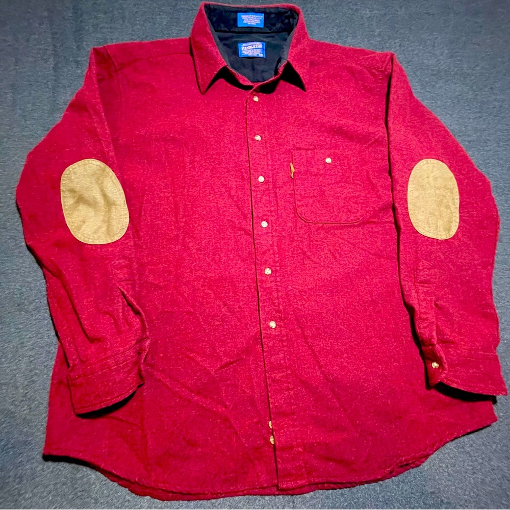 Vtg Pendleton Flannel Shirt Men's 100% Virgin Wool Leather Patch Solid Red XXL